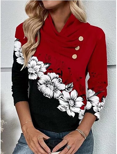  Sweatshirt für Damen, lässig, Blumenmuster, Streetstyle, Alltagskleidung, Rundhalsausschnitt, Knöpfe, Print, langärmelig, rot, Herbst/Winter