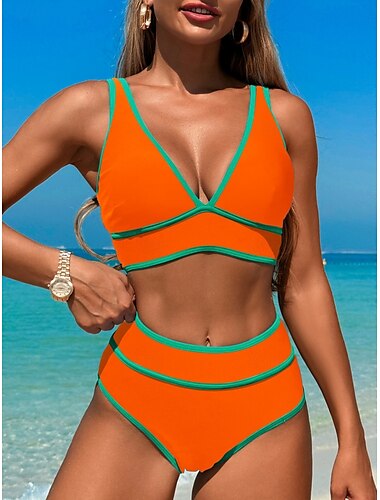  Femme Maillots de Bain Bikinis 2 pièces Slips Maillot de bain Dos Nu Mince Vacances Tenues de plage Couleur unie Col V Sans Manches Maillots de bain
