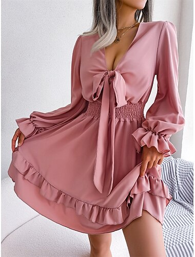  Femme Mini robe Robe casual Robe Trapèze Elégant Le style mignon mode Vacances Soirée du quotidien Standard Plein manche longue Col V Blanche Rose Claire Bleu Printemps Automne