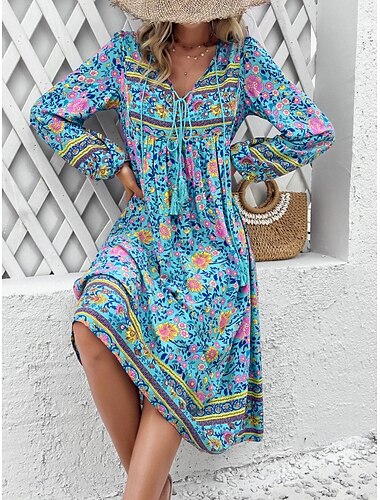  Naisten Midimekko Rento mekko Kellomekko A linjainen mekko Boho-mekko Böömi Vintage Vapaa-aika Loma Päivittäin Normaali Kukka Pitkähihainen V kaula-aukko Rubiini Laivaston sininen Sininen Kevät Syksy