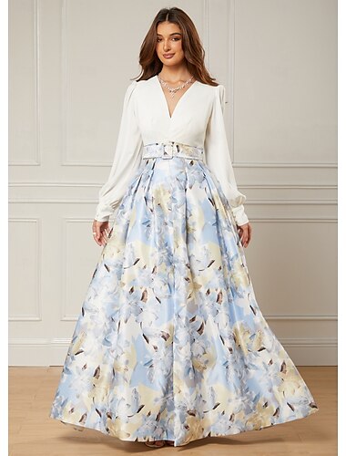  A-Linie Abendkleid Elegantes Kleid Formelles Hochzeitsgast Bodenlänge Langarm V-Ausschnitt Gürtel  Schärpe Satin mit Schlitz Hochzeitsgastkleid 2025