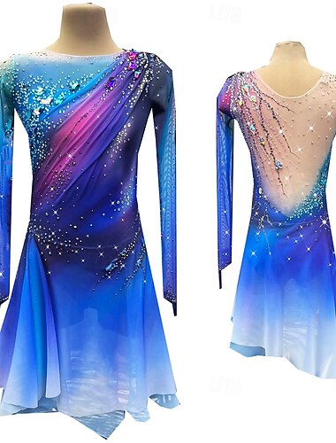  Kunstschaatsjurk Dames Voor meisjes Schaatsen Jurken Marine Blauw Duimopening halo-verf Hoge Elasticiteit Professioneel Wedstrijd Kunstschaatskleding Thermisch Warm Kristal / Bergkristal Lange mouw