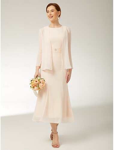  tweedelig mantel/kolom moeder van de bruid jurk elegant plus size juweel hals thee lengte chiffon mouwloos omslagdoek inbegrepen met sjerp/lint plooien kralen 2025