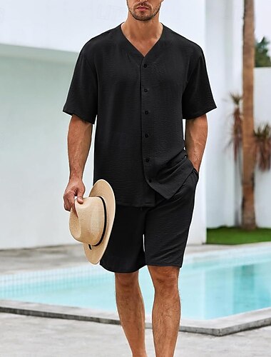  Herren 2 Stück Hemden-Set Sommer-Set Passende Sets Lässiges Hemd Knopfhemd Schwarz Weiß Blau Grün Kurzarm Glatt Kragen Urlaub Täglich Bekleidung Modisch Brautkleider schlicht Komfortabel