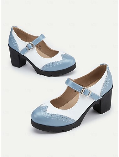  damskor i blått och vitt mary jane chunky klack med brogue-detaljer, bekväma pumps i vintagestil för kontor, fester och dagligt bruk