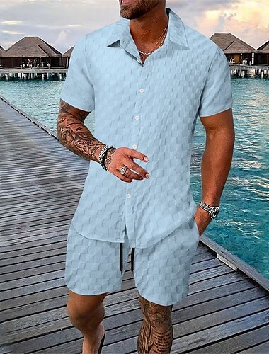  Hombre 2 Piezas Conjunto de camisa conjunto de verano Conjuntos a juego Camisa casual Abotonar la camisa Negro Blanco Verde Claro Azul Piscina Verde Trébol Manga Corta Plano Cuello Vacaciones Diario