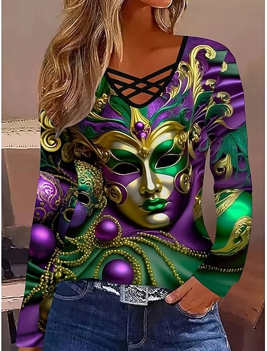  Maglietta da donna Carnival a maniche lunghe grafica casual collo a V ampio stampa ritagliata viola verde primavera autunno pre-autunno