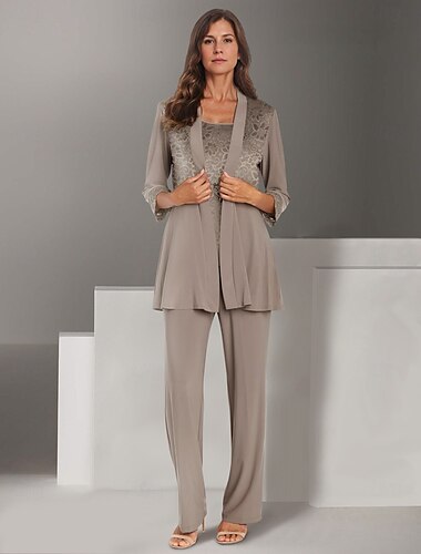  Overall  Hosenanzug Strandhochzeit 3 Teile Brautmutter Eleganter Juwel-Ausschnitt Bodenlänglich Chiffon Lange Ärmel Wrap enthalten mit Spitze Einfarbig 2025