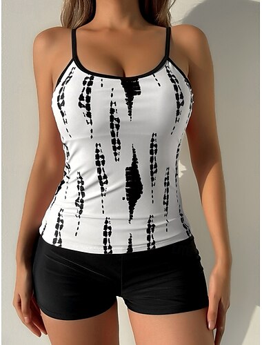  Femme Maillots de Bain Tankini 2 pièces Jambe de garçon Maillot de bain Dos Nu Taille haute Vacances Tenues de plage Graphic Col Rond Sans Manches Maillots de bain