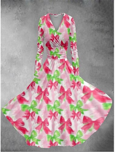  Damen-Valentinstag-Herzkleid mit Grafikdruck, V-Ausschnitt, Fledermausärmeln, Midikleid, Vintage, Valentinstag, Alltag, lange Ärmel, Frühling, Herbst