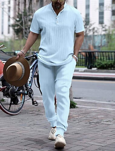  Herren 2 Stück Hemden-Set Passende Sets Lässiges Hemd Knopfhemd Schwarz Weiß Königliches Blau Blau Kaki Kurzarm Glatt Stehkragen Urlaub Strasse Bekleidung Modisch Brautkleider schlicht