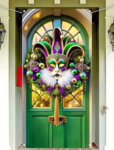  Karneval Mardi Gras Türdekorationen Türbezüge Maske Kunstkranz Tür Gobelin Türvorhang Dekoration Kulisse Indoor/Outdoor Türbanner für Haustür Bauernhaus