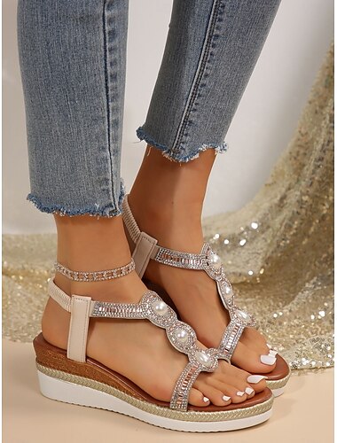  Sandalias de plataforma con diamantes de imitación y perlas bohemias para mujer: elegantes zapatos con punta abierta y tiras elásticas para verano, playa y uso informal