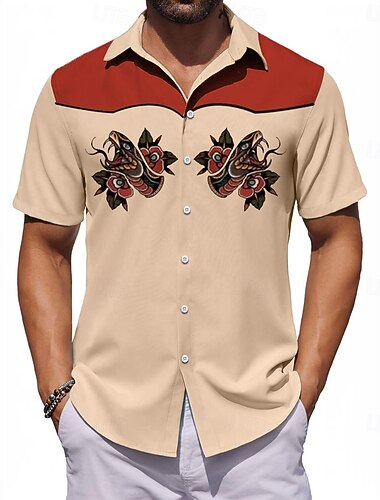  男性用 カラーブロック スネーク カジュアルシャツ ボーリングシャツ ボタンアップシャツ 半袖 アーティスティック 抽象画 カジュアル 春 秋 折襟 ボタンアップ ベージュ