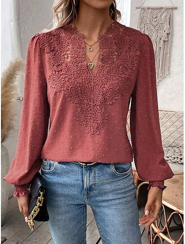  Damen Hemd Bluse Feste Farbe Basic Brautkleider schlicht Langarm V Ausschnitt Normale Oberteile Täglich Ausgehen Spitze Patchwork Kastanienbraun Weiß Grün Frühling Herbst Winter