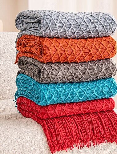  coperta lavorata a maglia coperta testurizzata grigio scuro con nappe coperta con frange bohémien