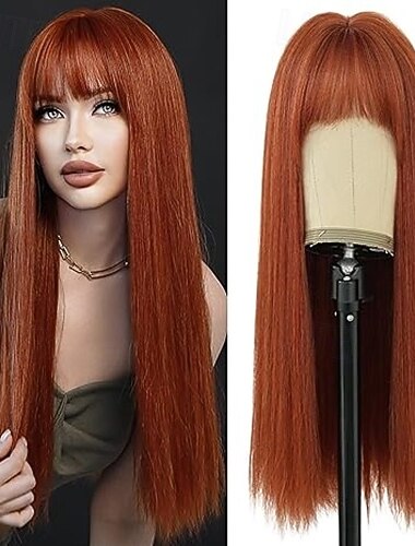  lange glatte Perücke mit Pony, hitzebeständige Kunsthaarperücke mit dunklen Haarwurzeln, natürlich aussehende Perücken für Frauen, für Partys, Cosplay und den täglichen Gebrauch