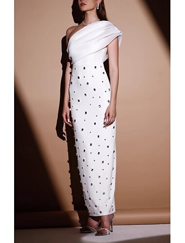  Etui-/Säulen-Abendkleid, elegantes Kleid für Hochzeitsgäste, bodenlang, ärmellos, eine Schulter, Baumwollmischung mit Strasssteinen 2025