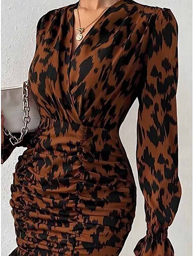  Damen Minikleid Casual kleid Bodycon Stilvoll Brautkleider schlicht Urlaub Täglich Regular Fit Blumen Langarm V Ausschnitt Braun Frühling Herbst