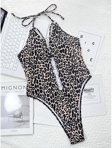  Damen Badeanzug Ein Stück Monokini Bademode Rückenfrei Bauchkontrolle Hohe Taillenlinie Schlank Urlaub Strandbekleidung Leopard Halfterhals Ärmellos Badeanzüge