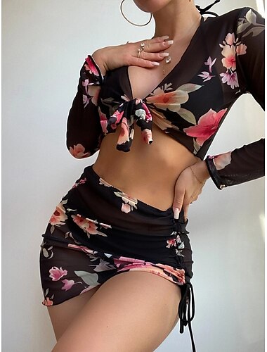  Femme Maillots de Bain Bikinis Trois pièces Slip Brésilien Maillot de bain Dos Nu Mince Vacances Tenues de plage Couleur unie Dos nu Sans Manches manche longue Maillots de bain