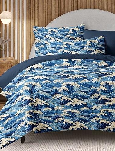  סט כיסוי שמיכת פוך של ocean wave, מצעי מיקרופייבר רכים עיצוב גלים תוסס כולל כיסוי שמיכת פוך וציפי כרית עמידים בפני דהייה, סגירת רוכסן, מלכה ניתנת לכביסה במכונת כביסה, קינג, עיצוב חוף ים בגדלים תאומים