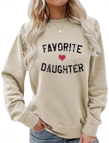  Damen Valentinstag lustiges Sweatshirt Lieblingstochter lässig Baumwolle Buchstaben Valentinstag Street Alltagskleidung Rundhalsausschnitt Druck Langarm Schwarz Rosa Khaki Herbst Winter