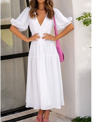  Damen Casual kleid Maxidress Rüschen Brautkleider schlicht V Ausschnitt Kurzarm Schwarz Weiß Fuchsie Farbe