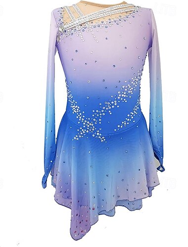  Figure Skating Dress Women's Girls' Ice Skating Dress Blue Purple Patchwork High Elasticity Training Competition Skating Wear Classic Crystal / Rhinestone Long Sleeve Ice Skating Figure Skating