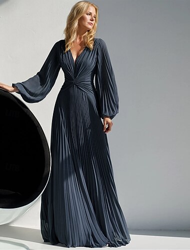 A-Lijn Jurk Moeder van de bruid Jurk Elegante Eenvoudige V Hals Vloerlengte Chiffon Lange Mouw met Effen Kleur