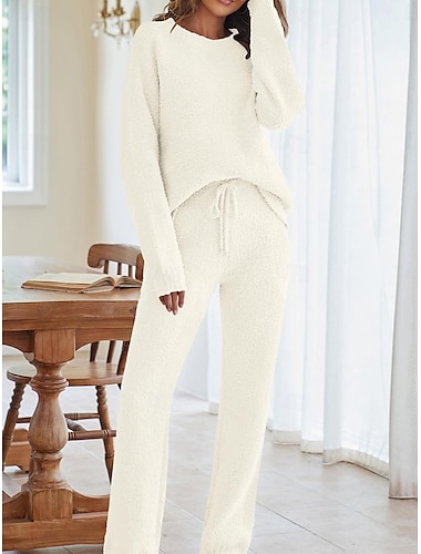  نسائي مجموعة بيجامات دافئ كاجوال مريح لون سادة مرونة الخصر Pullover بنطال المنزل مناسب للبس اليومي كم طويل رقبة عالية مدورة وردي بلاشيهغ أزرق البيج الخريف الشتاء