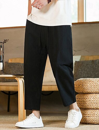  Herren Leinenhose Hose Hosen Sommerhosen Haremshose Tasche Kordelzug Elastische Taille Glatt Komfort Atmungsaktiv Knöchellänge Heim Casual Täglich Modisch Klassicher Stil Schwarz Marineblau