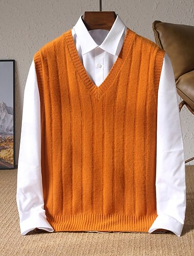  Herr Pullover tröja Sticka Ensfärgat V-hals Stickat Elegant Utomhus Hem Kläder Höst Vinter Svart Orange S M L
