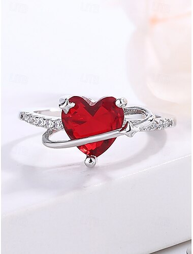  Herzförmiger Damenring aus Sterlingsilber mit roten Edelsteinen und Zirkonia-Akzenten, romantischer Schmuck für Valentinstag, Hochzeiten und Jubiläen