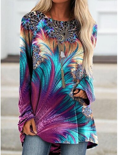  Dames T-shirt Tie Dye Casual Lange mouw Strakke ronde hals Lange tops Dagelijks Afdrukken blauw Herfst Winter
