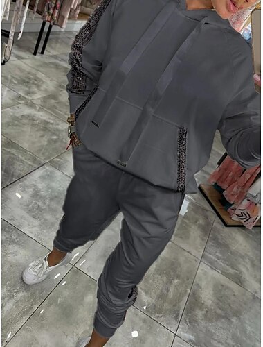  Damen Modisch Kapuzenjacken & Sweatshirts Chinesisch Chino Langarm Mit Kapuze Feste Farbe Pailletten Arbeit Freizeitskleidung Schwarz Königsblau Grau Frühling & Herbst Regular Fit