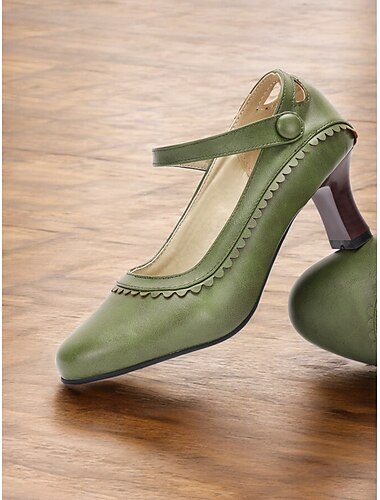  damskie buty typu Mary Jane w kolorze zielonym ze sztucznej skóry z falbaniastym brzegiem i ozdobnymi guzikami - wygodne niskie obcasy do pracy, na formalne wydarzenia i do stylizacji w stylu retro