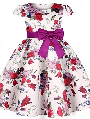  Infantil Para Meninas Vestido de festa Flor Manga Curta Espetáculo Aniversário Nó de gravata Lindo Doce Algodão Longo Vestido de festa Vestido Swing Vestido A Line Verão 4 anos + Amarelo Rosa Vermelho