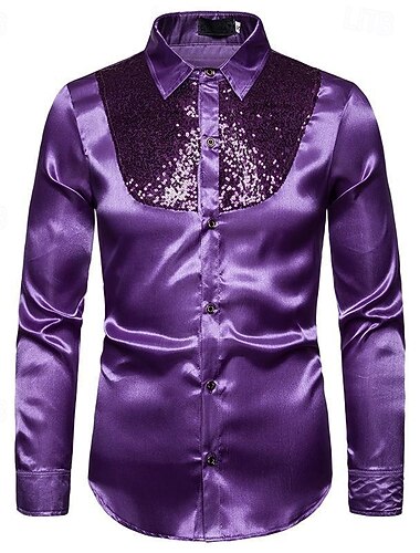  Homme Chemise Chemise habillée Chemise Boutonnée Uni Mariage Soirée Noir Blanche Rouge Bleu manche longue Revers Printemps & Automne Vêtement Tenue Paillettes