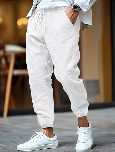  Herren Leinenhose Hose Hosen Sommerhosen Elastische Taille Gerade geschnitten Höhenanstieg Feste Farbe Komfort Atmungsaktiv In voller Länge Geschäft Geschäftlich Schwarz Weiß Unelastisch