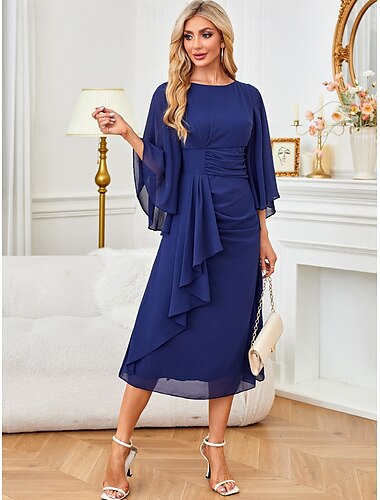  Damen A Linie Kleid Rüschen Rüsche Halbe Ärmel kleid hochzeitsgast Cocktailparty Dunkelblau