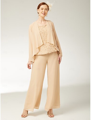  Jumpsuits 3-teilig Mutter der Braut Elegante Plus Size Wickel inklusive Bootsausschnitt Bodenkabellang Chiffon Ärmellos mit Spitze 2025