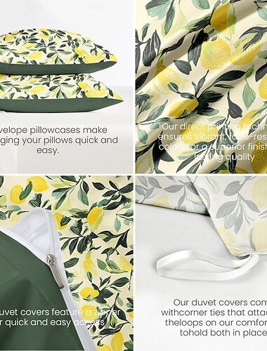  3-teiliges Bettbezug-Set im Vintage-Stil mit Zitronenmotiv, botanische Muster, weiches Mikrofaser-Bettwäscheset, maschinenwaschbar, erhältlich in den Größen Queen, King und Twin, bequem und stilvoll