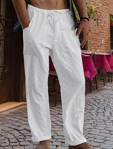  Herren Leinenhose Hose Hosen Sommerhosen Gazehose Tasche Kordelzug Gerade geschnitten Glatt Komfort Atmungsaktiv In voller Länge Outdoor Täglich Strassenmode Modisch Retro Vintage Schwarz Weiß