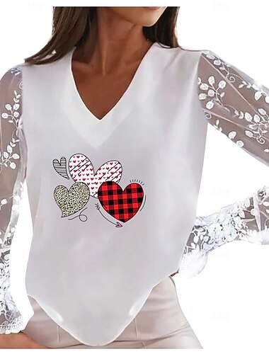  női valentin szív póló csipke toldás felső háló elegáns divat csipke patchwork lámpás ujjú hosszú ujjú normál felsők v nyak buli valentin nap