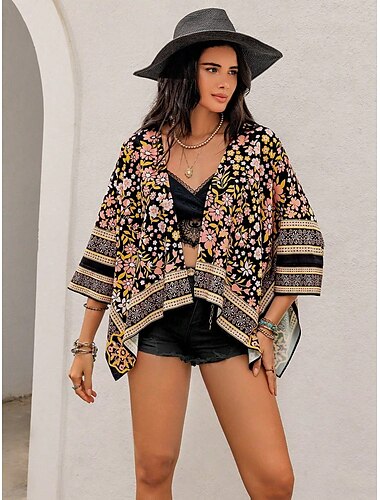  Damen Shacket Komfortabel Bedruckt Elegant Täglich Geometrisch Karnival Arbeit Halloween Täglich Kurz V Ausschnitt Regular Fit Halbe Ärmel Oberbekleidung Schwarz Sommer Herbst