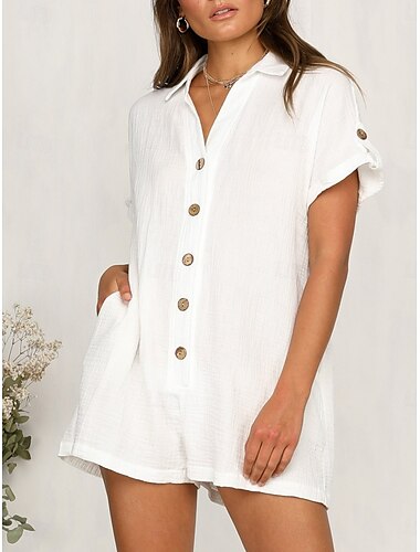  Mujer Normal Mono Activo Color sólido Manga Corta Cuello Camisero Botones Vacaciones Diario Ajuste regular Blanco Rosa Verano