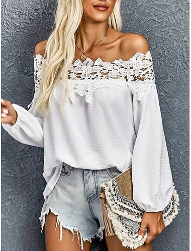  Dámské bílé elegantní krajkové topy s očky sexy blůzy casual jednobarevné pravidelné topy dlouhý rukáv bez ramínek krajkový bez zad patchwork pravidelné střihy každodenní romantické petite topy letní
