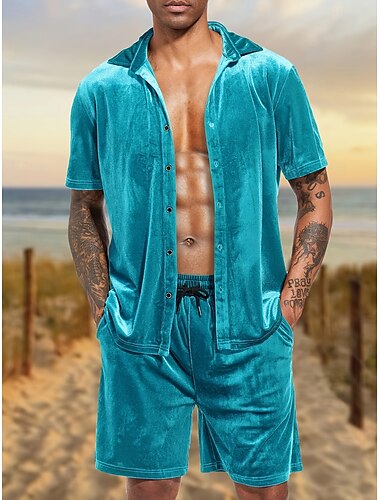  Per uomo 2 pezzi Completo di camicia Set estivo Set abbinati Maglietta informale Camicia con bottoni Blu Manica corta Liscio Colletto Da mare Giornaliero Abbigliamento Di tendenza Informale Comodo