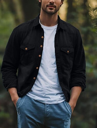 Herren Hemd Chambray-Hemd Lässiges Hemd Knopfhemd Jeanshemd Glatt Urlaub Täglich Schwarz Marineblau Blau Leicht Blau Langarm Kragen Frühling Sommer Bekleidung